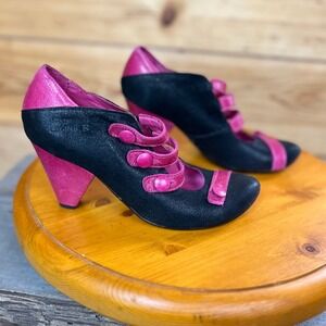 Chanii B Black Pink Leather Button Strap Heels Made Portugal Size 36 Mary Jane's